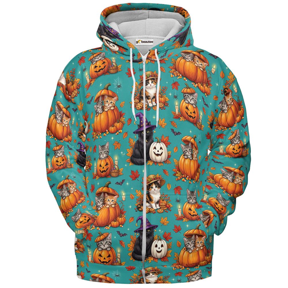 Festive Fall Pumpkin & Witch Cat Full Print Hoodie - Zip Hoodie - 2