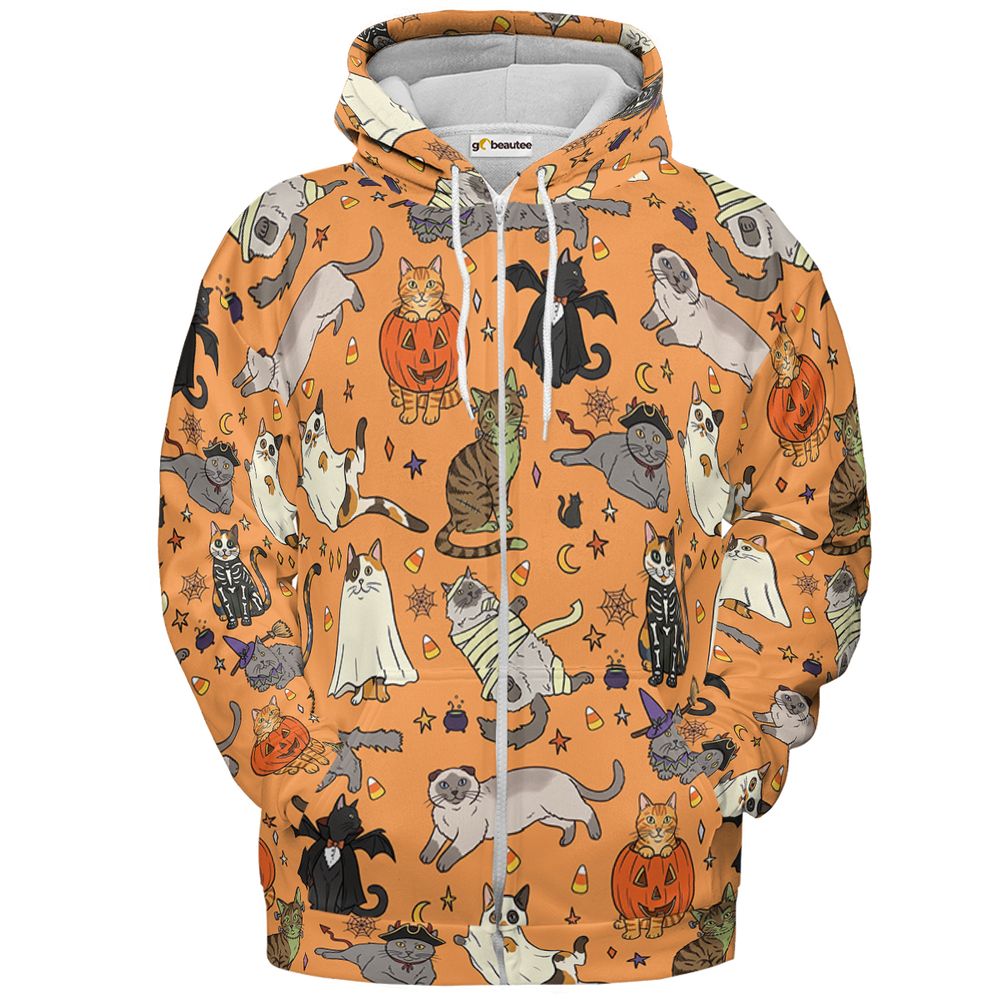 Spooky Orange Halloween Costume Cats Pattern Full Print Hoodie - Zip Hoodie - 2