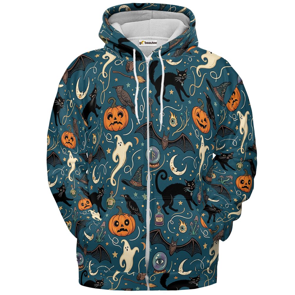 Magical Black Cat & Spooky Night Halloween Full Print Hoodie - Zip Hoodie - 2