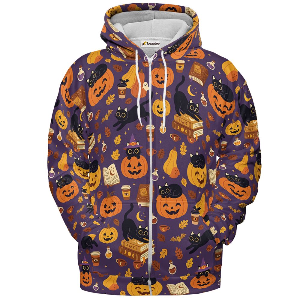 Purple Spooky Black Cat & Pumpkin Magic Full Print Hoodie - Zip Hoodie - 2