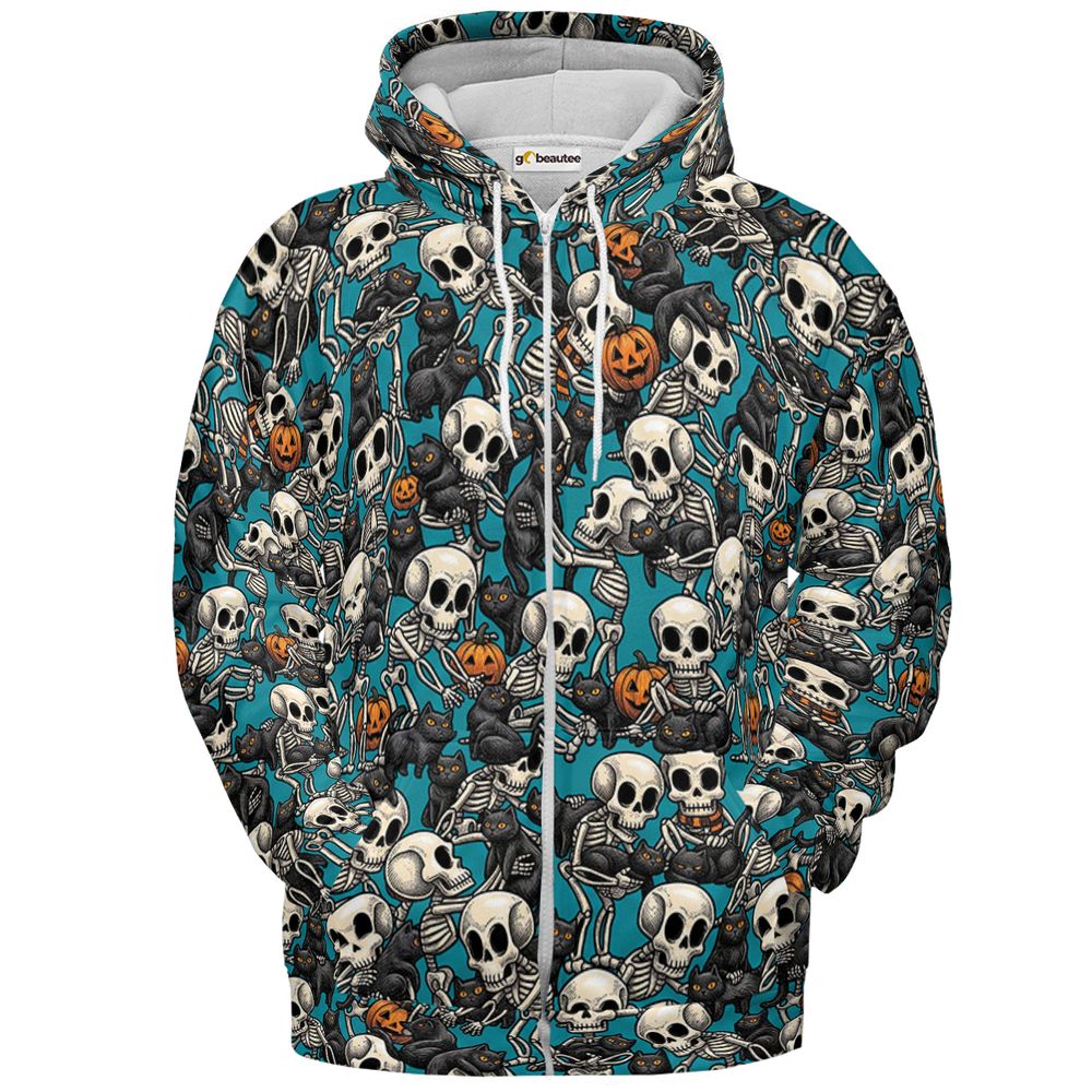 Black Cat Skeleton Halloween Full Print Hoodie - Zip Hoodie - 2