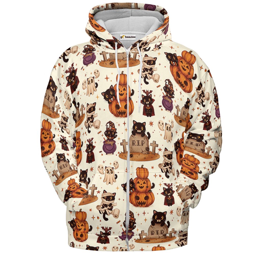 Kawaii Halloween Spooky Cats Hawaiian - Zip Hoodie - 2