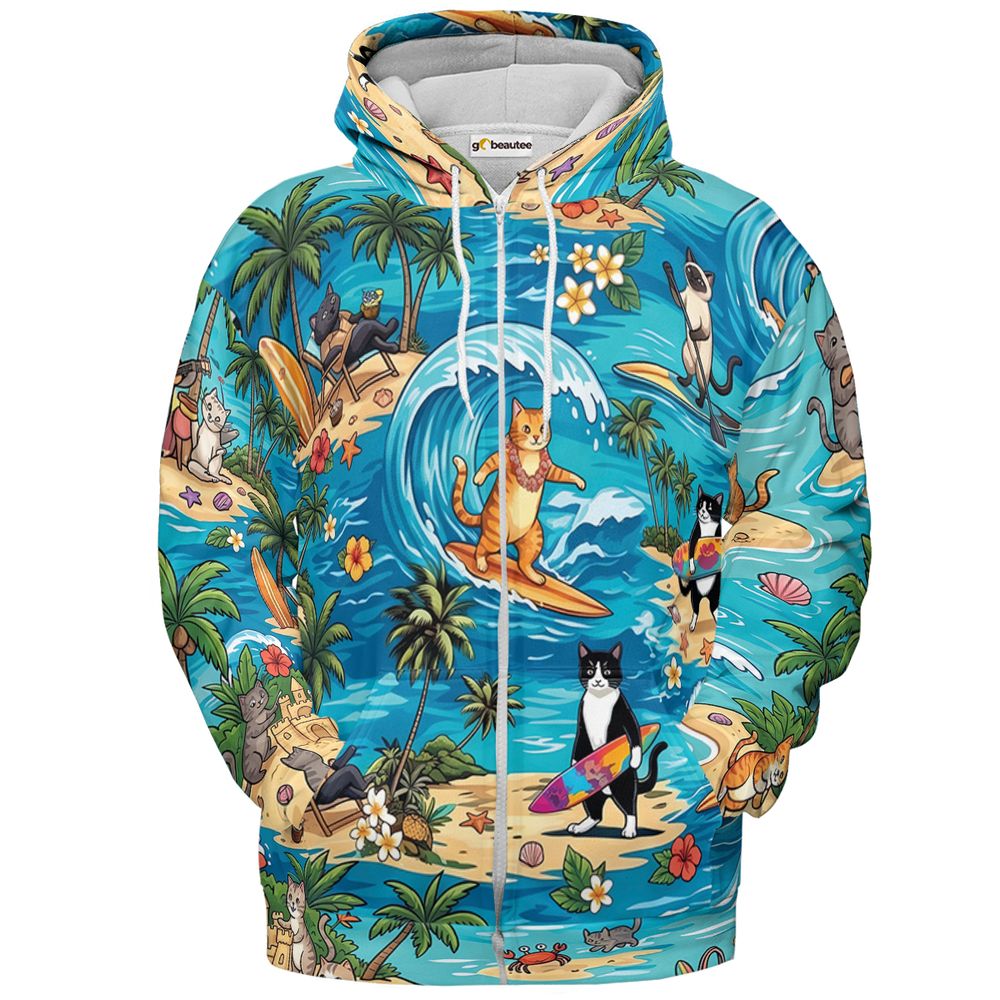 Cats Surfing Full Print Hoodie - Zip Hoodie - 2