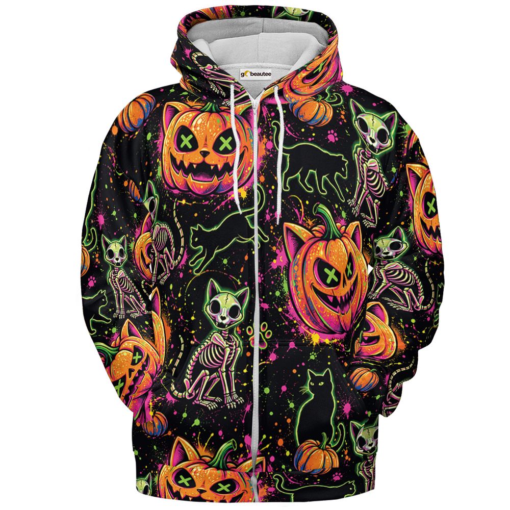 Neon Skeleton Cats & Pumpkins - Zip Hoodie - 2