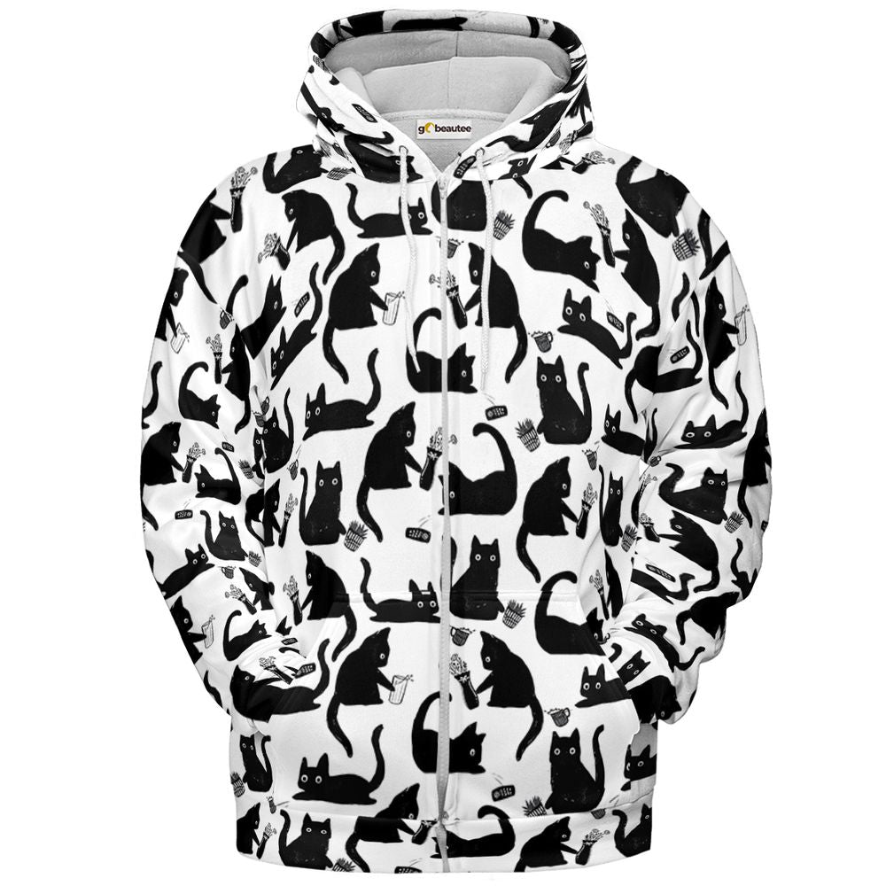 Mischievous Black Cat Pattern Full Print Hoodie - Zip Hoodie - 2