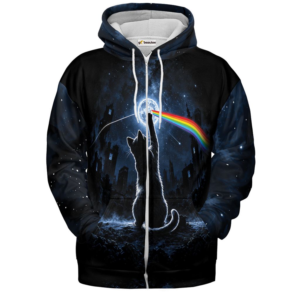Cosmic Rainbow Moon Cat Silhouette Full Print Hoodie - Zip Hoodie - 2