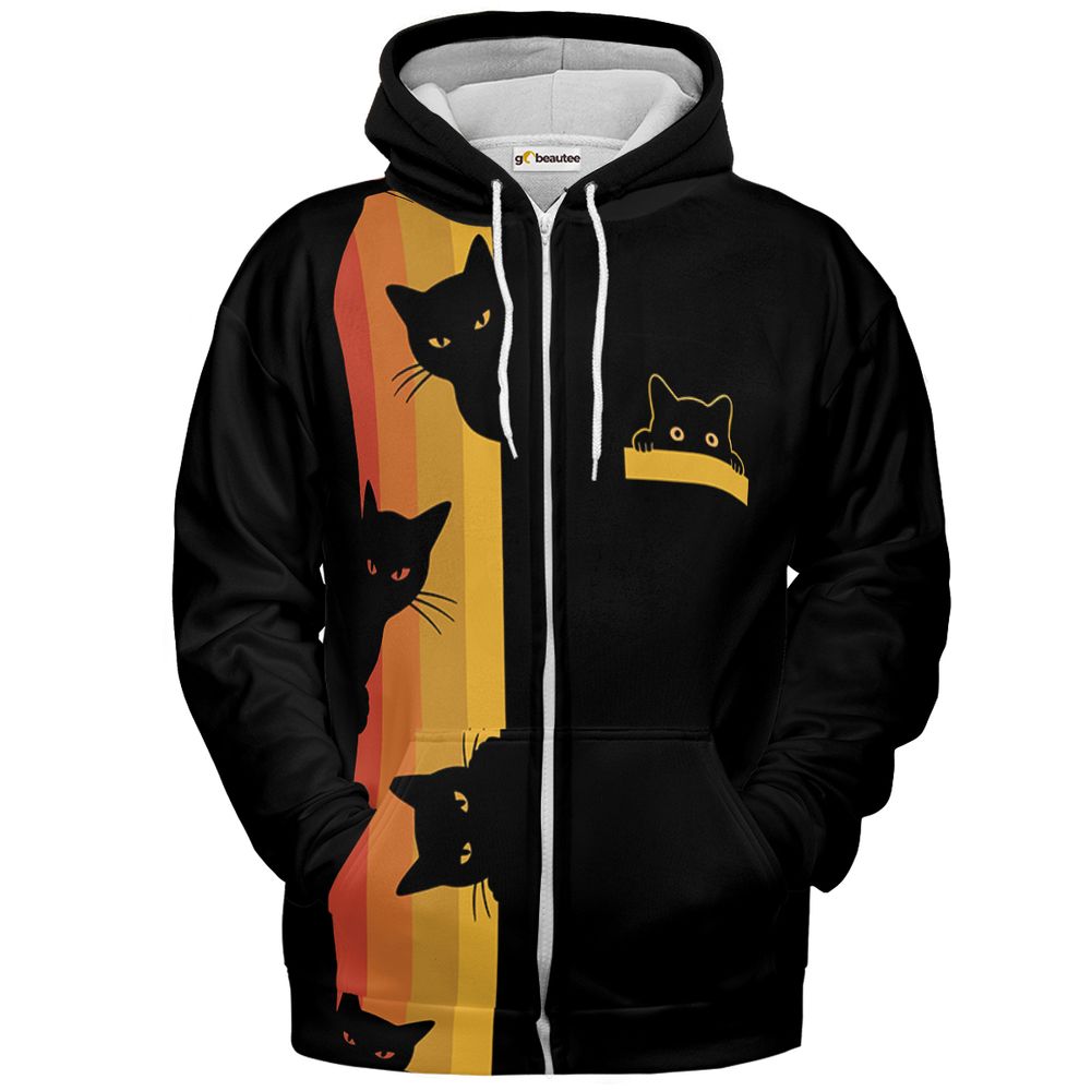 Retro Sunset Peeking Black Cat Full Print Hoodie - Zip Hoodie - 2