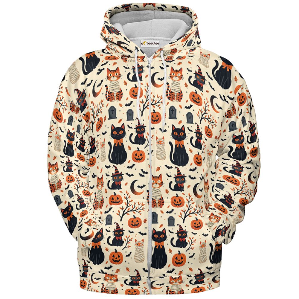 Vintage Halloween Witch & Mummy Cats - Zip Hoodie - 2