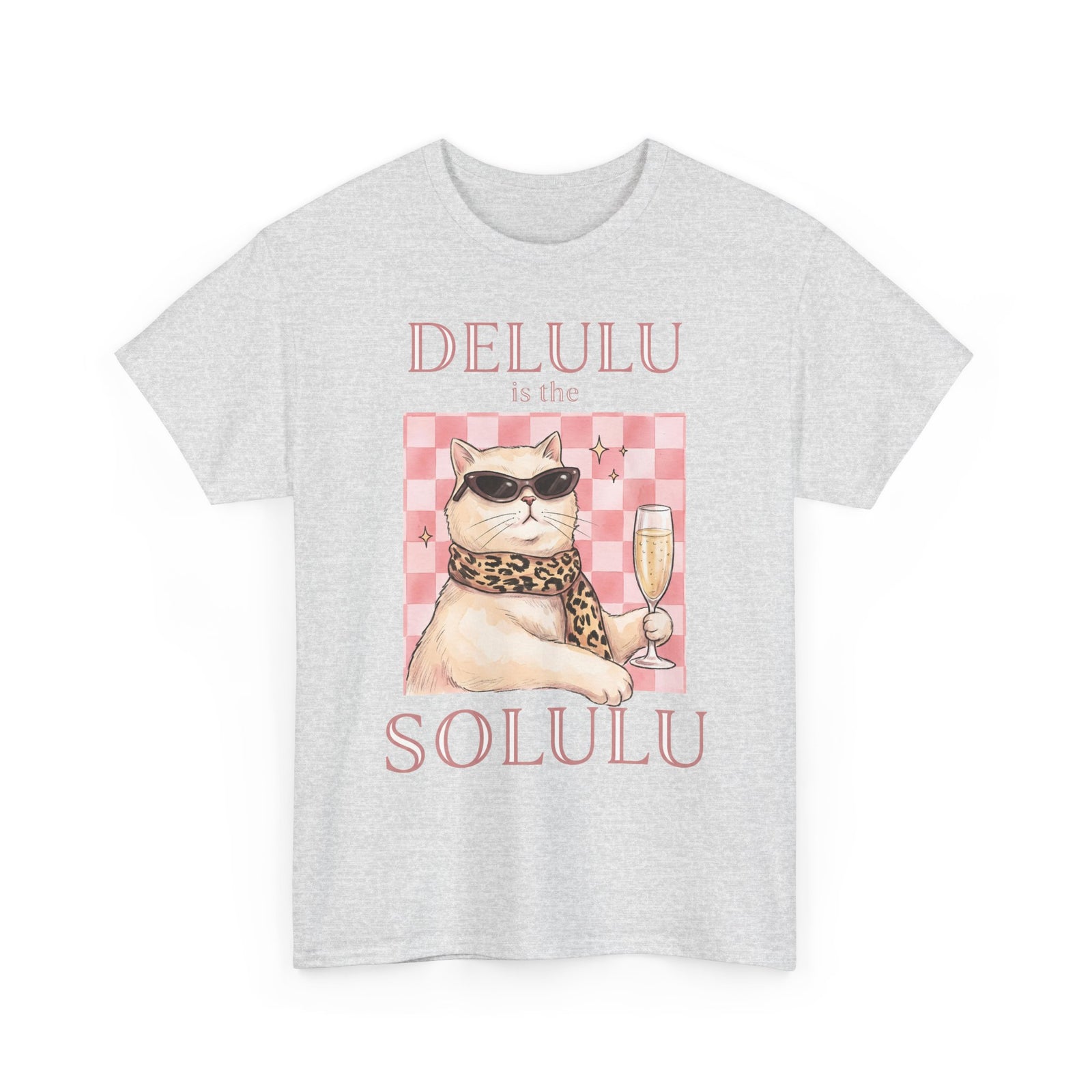Delulu Is The Solulu T-Shirt — Funny Sassy Cat Champagne Graphic Tee