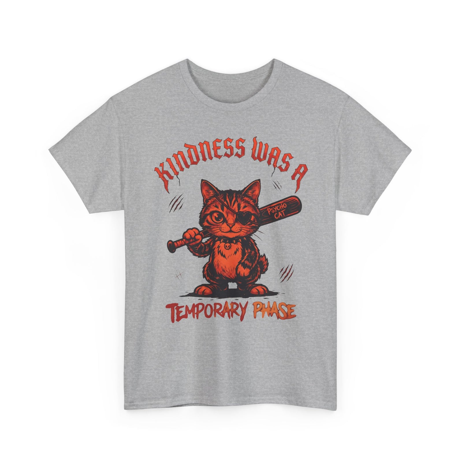 Kindness Was A Temporary Phase T-Shirt — Funny Psycho Cat Baseball Bat Tee
