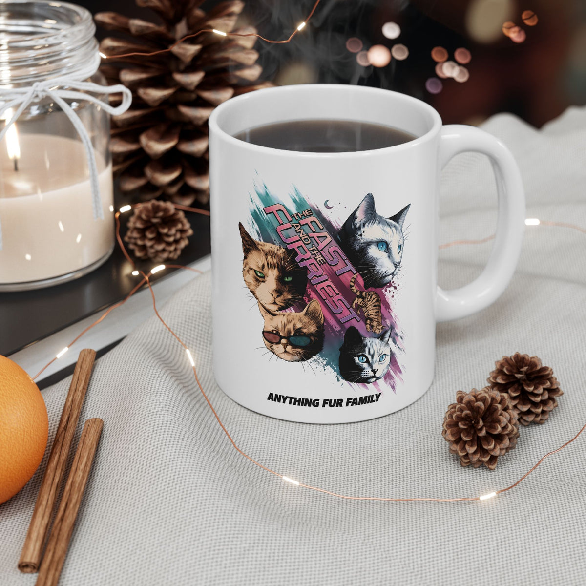The Fast And The Furriest Ceramic Mug — Funny Cat Action Movie Parody Mug