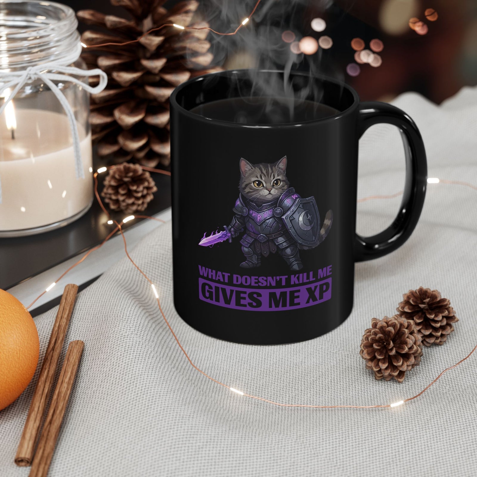 What Doesn't Kill Me Gives Me XP Cat Black Mug