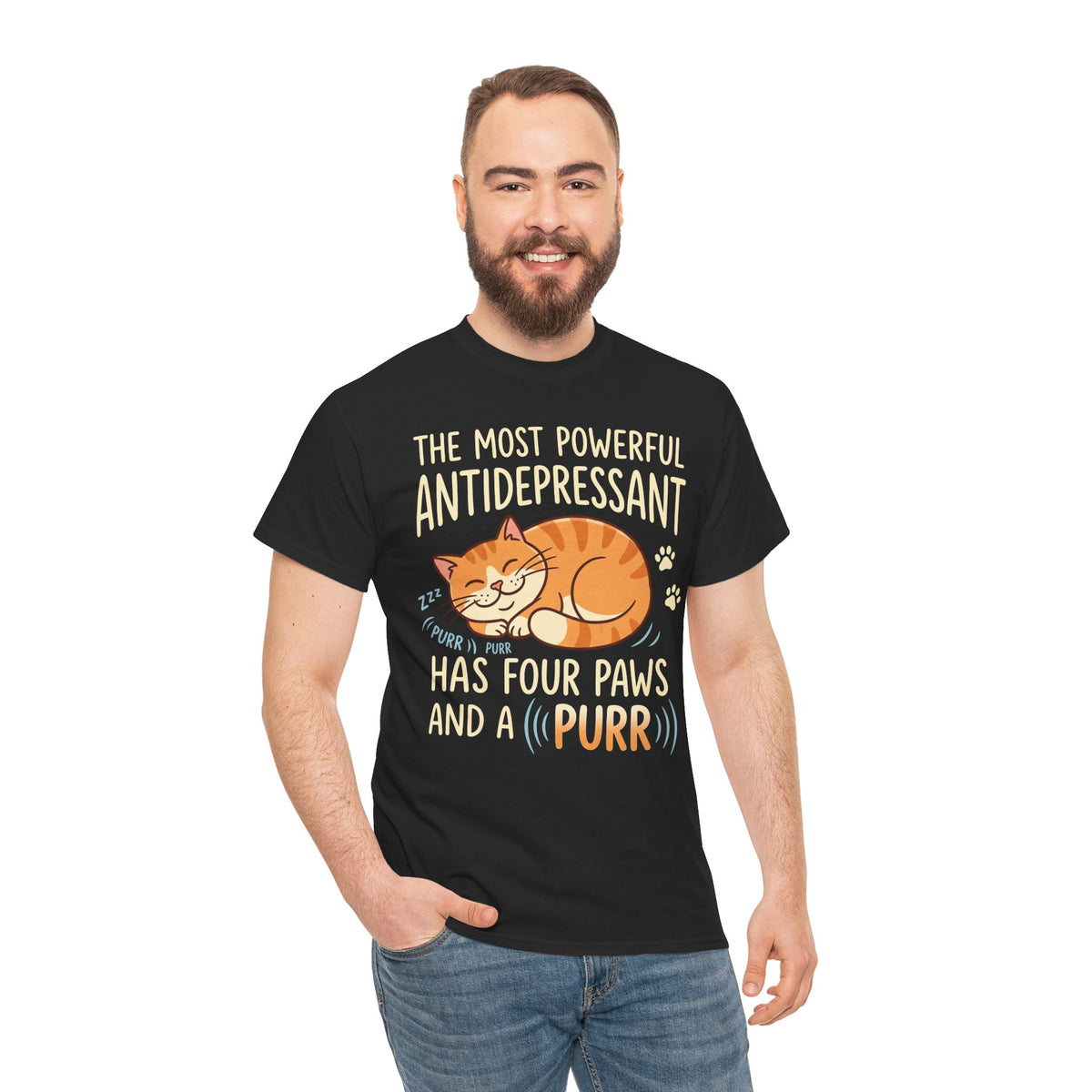 Cat Lover T-Shirt — “The Most Powerful Antidepressant Has Four Paws and a Purr”