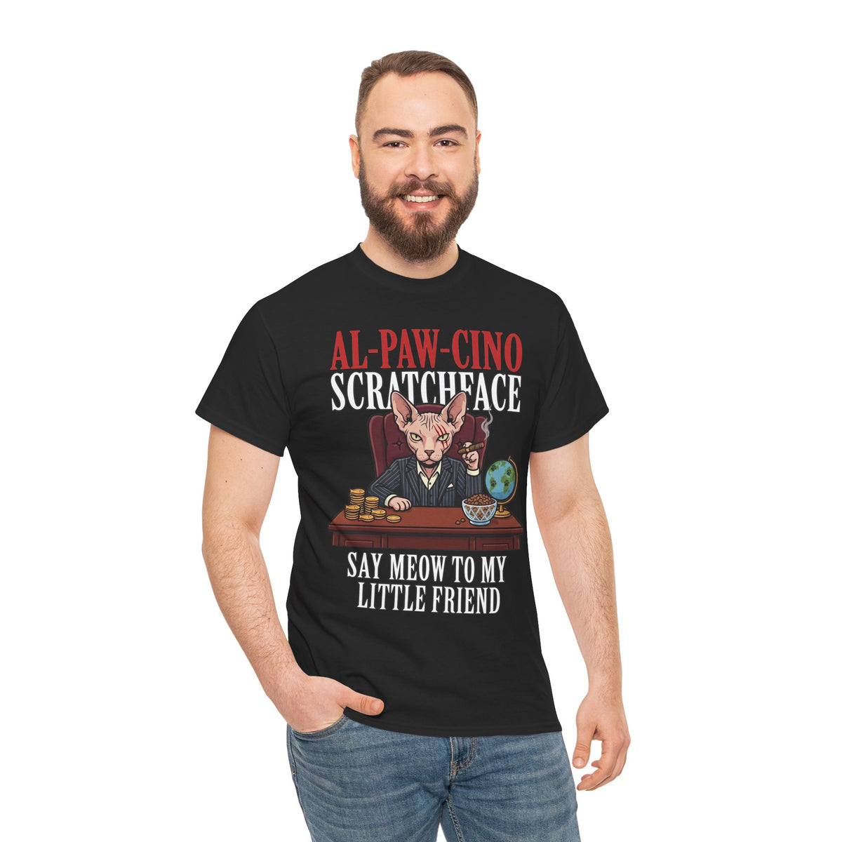 Al-Paw-Cino Scratcheace T-Shirt – Funny Cat Mafia 'Say Meow to My Little Friend' Tee