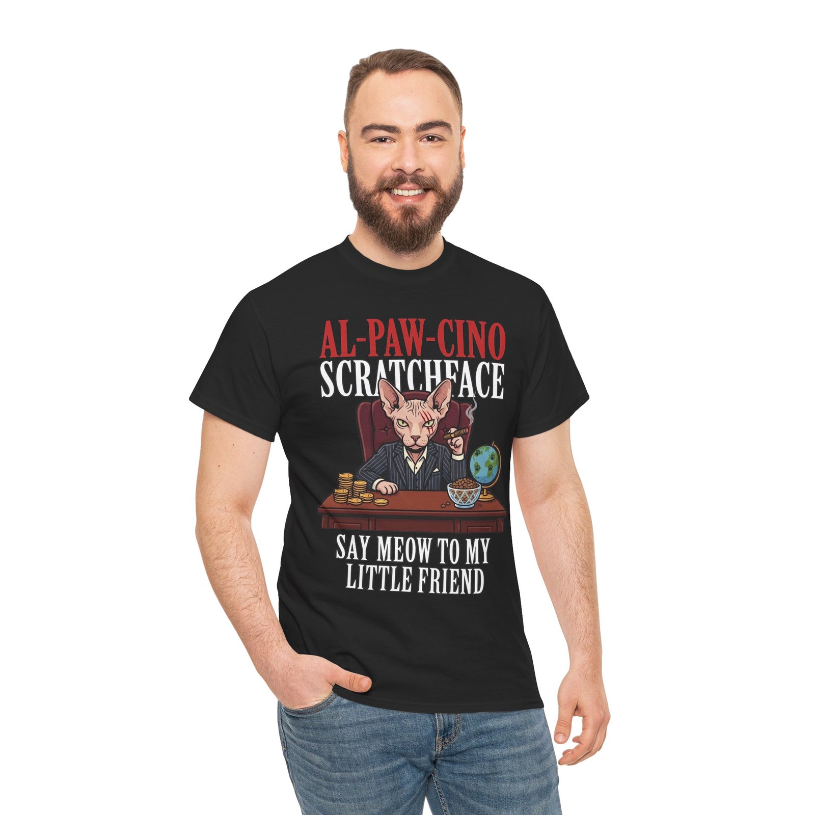 Al-Paw-Cino Scratcheace T-Shirt – Funny Cat Mafia 'Say Meow to My Little Friend' Tee