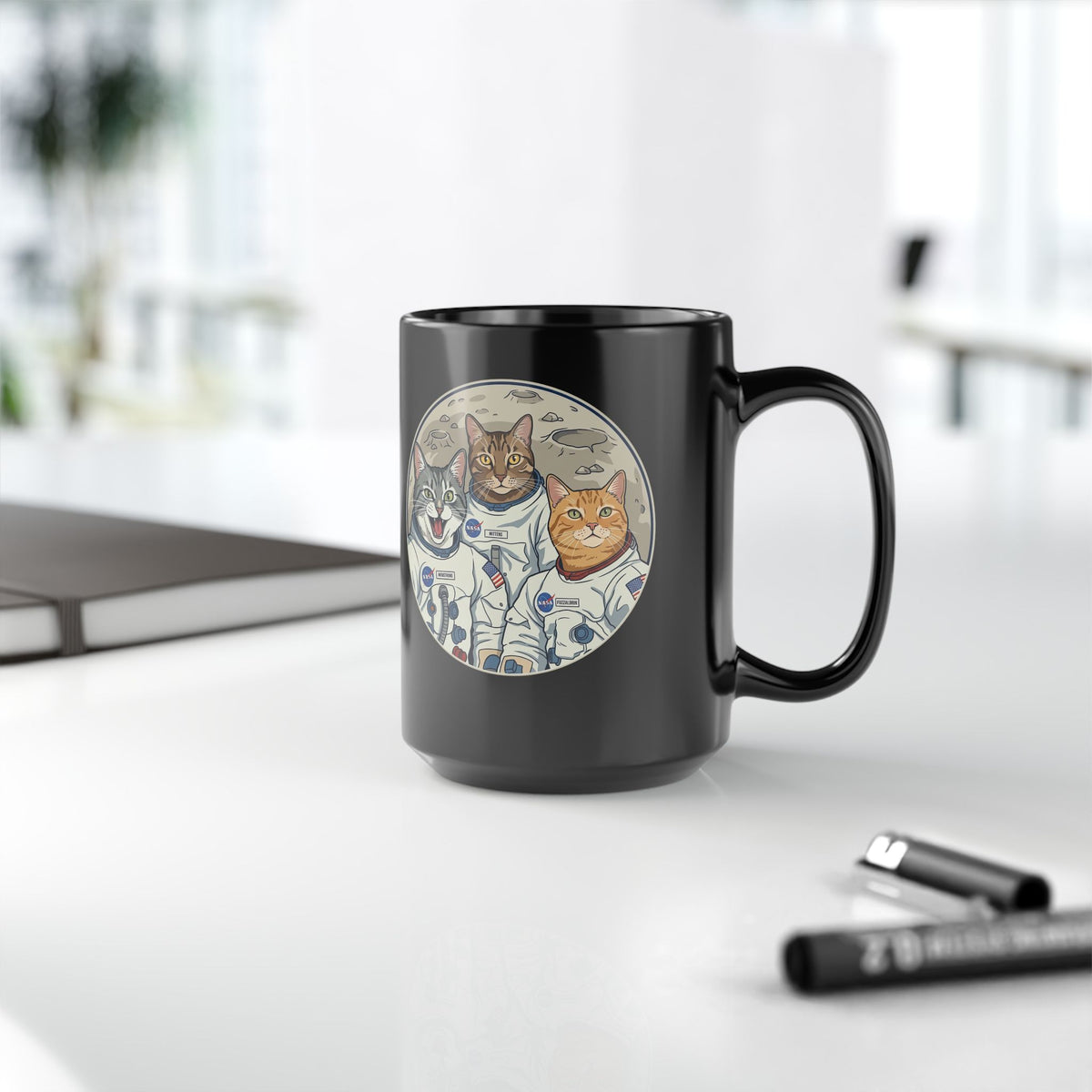 Sci‑Fi Astro Cat Black Mug — Space Cat Graphic Mug