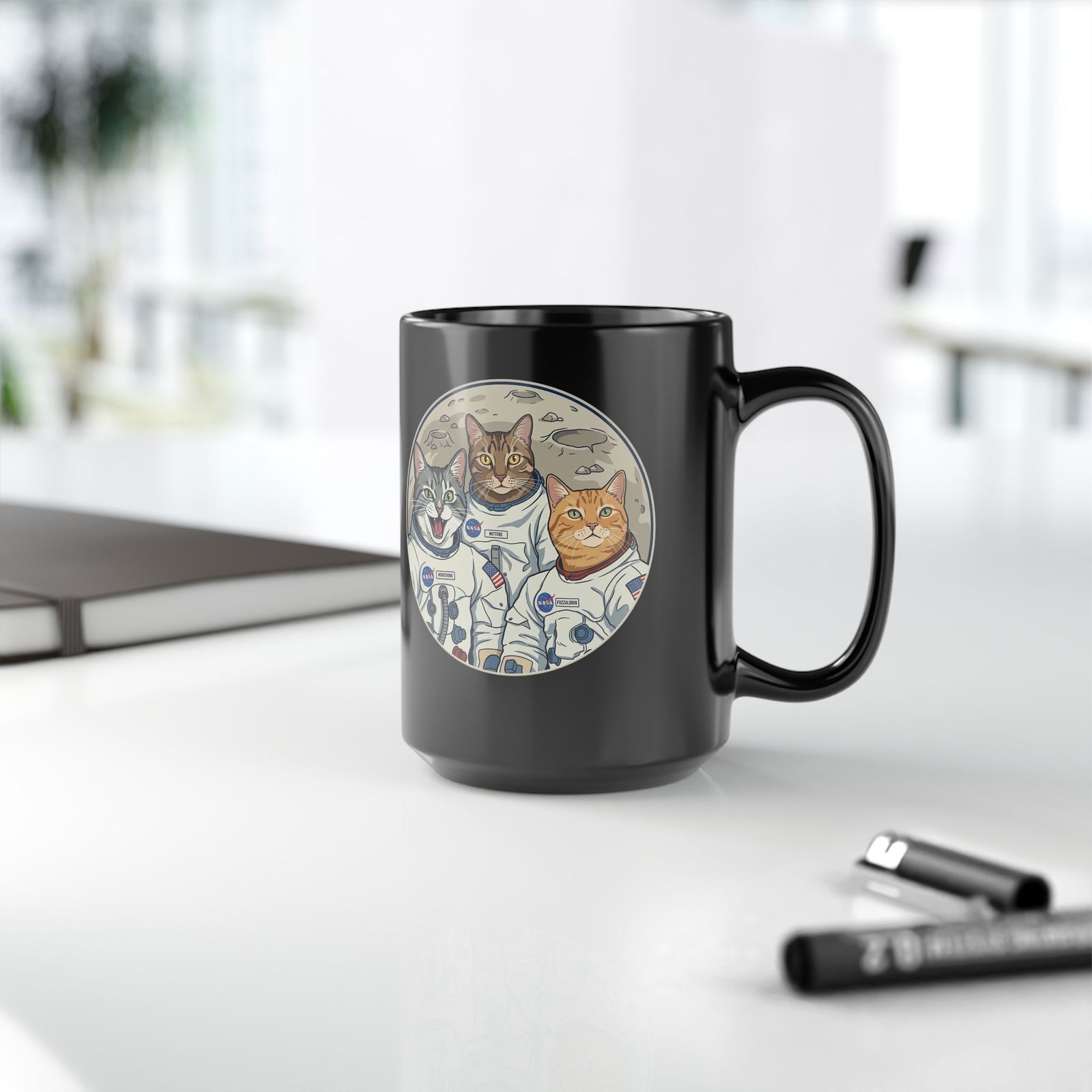 Sci‑Fi Astro Cat Black Mug — Space Cat Graphic Mug