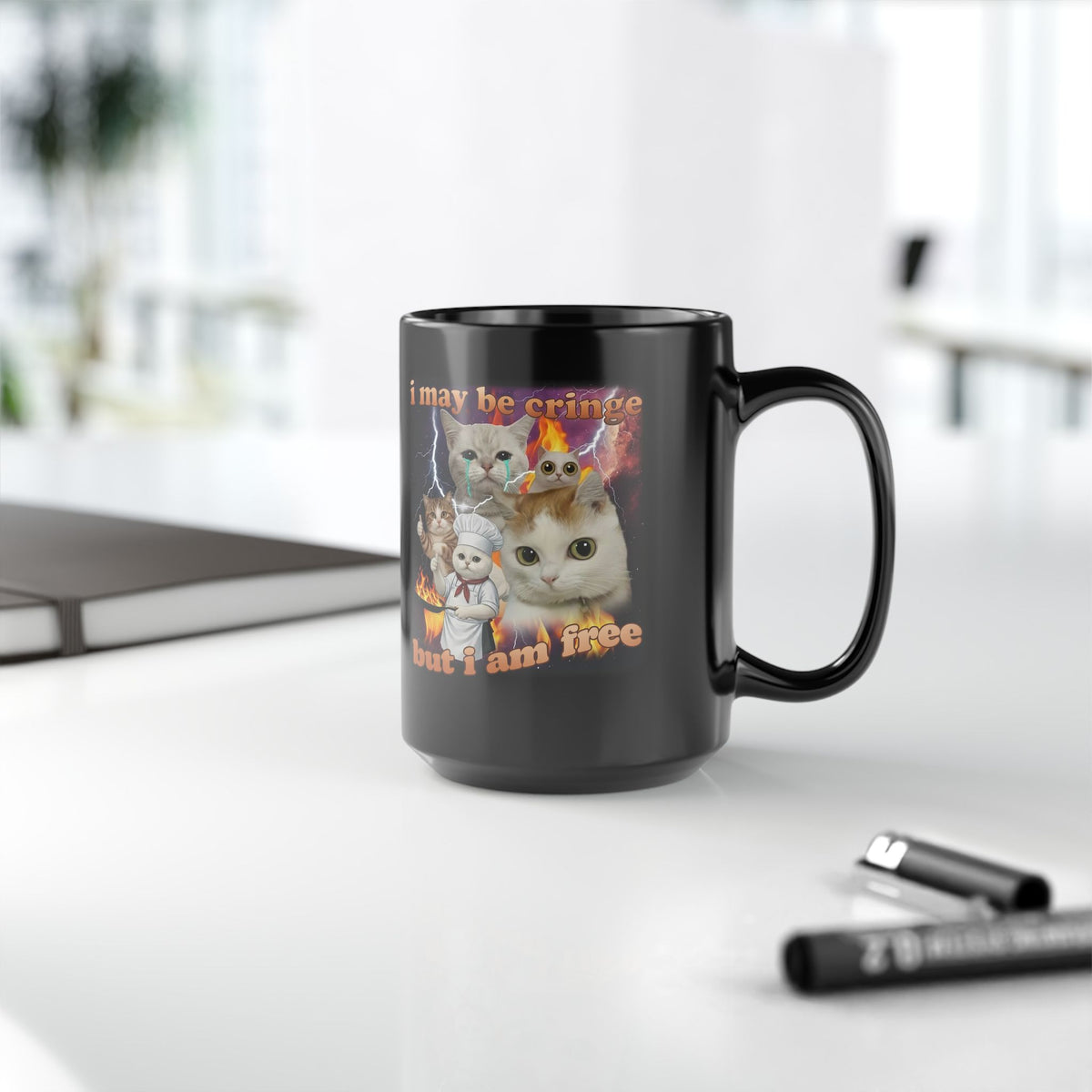 "I May Be Cringe But I Am Free" Black Mug — Funny Self-Expression Mug