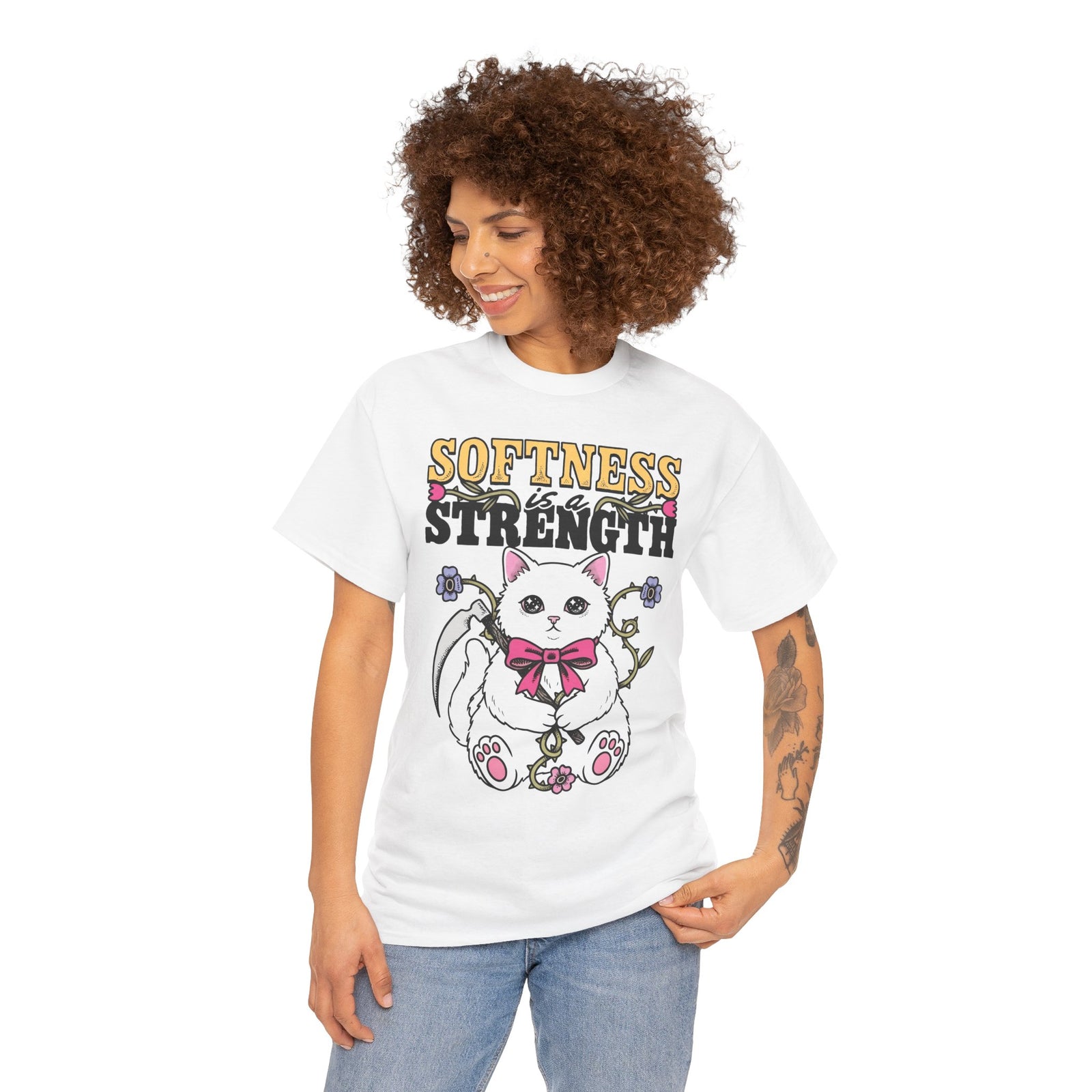 Softness Is A Strength T-Shirt — Funny Cute White Kitten Scythe Graphic Tee