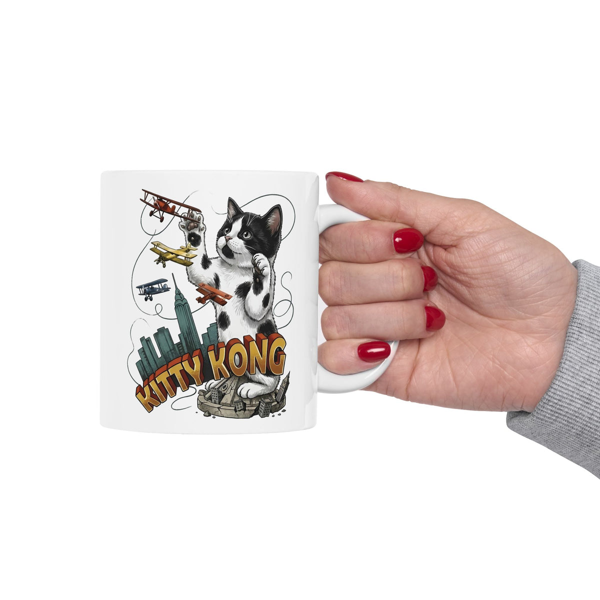 Kittie Kong Parody Cat Ceramic Mug — Funny Vintage-Style Cat Mug