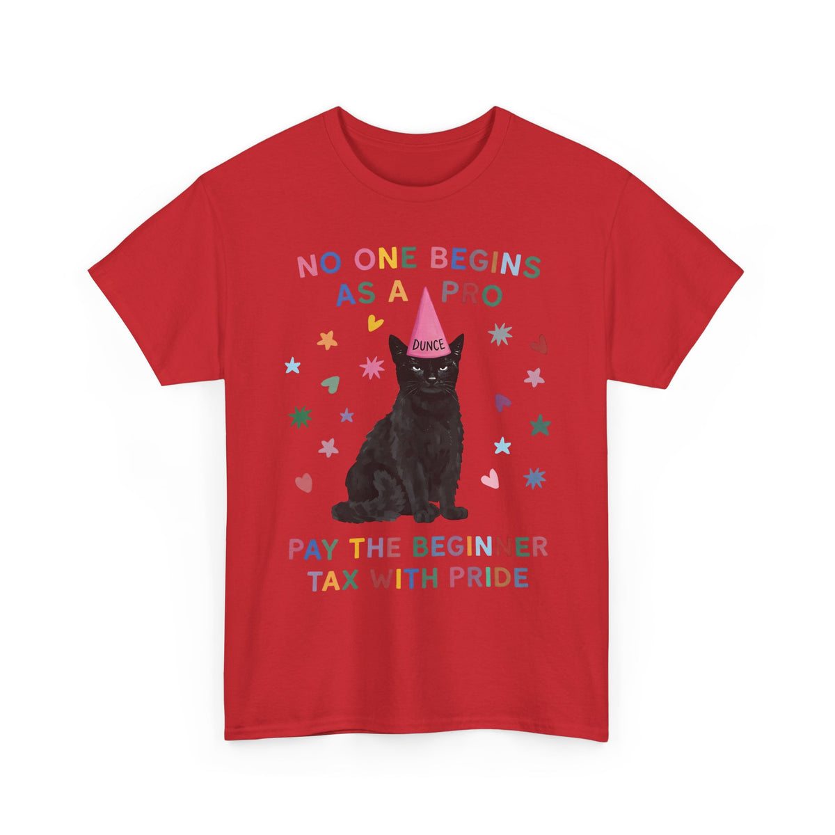 No One Begins As A Pro T-Shirt — Funny Black Cat Dunce Hat Beginner Tax Tee