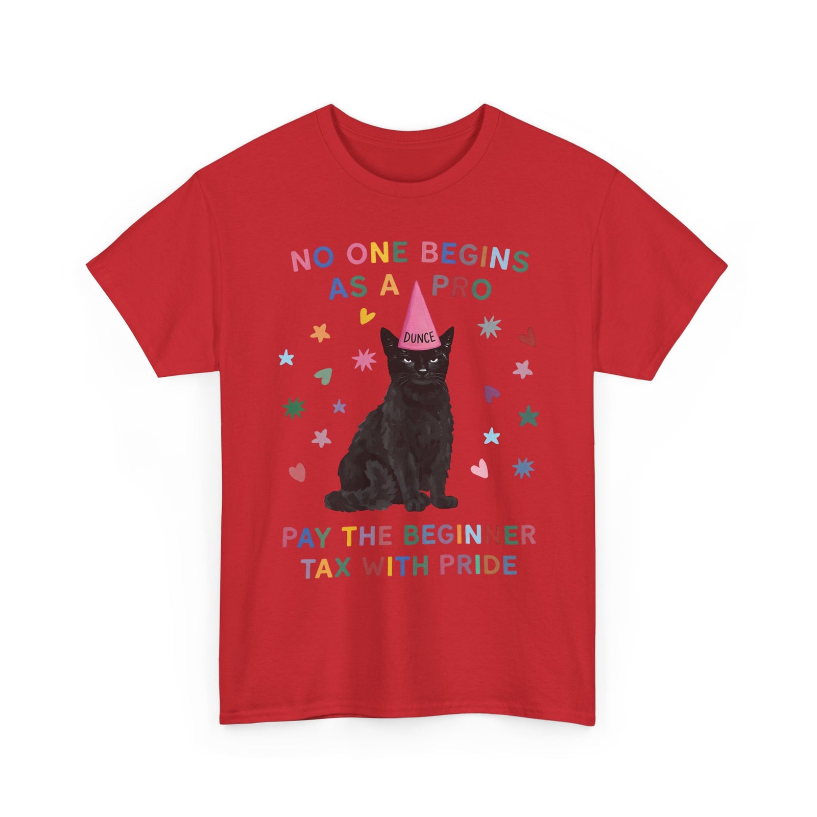 No One Begins As A Pro T-Shirt — Funny Black Cat Dunce Hat Beginner Tax Tee