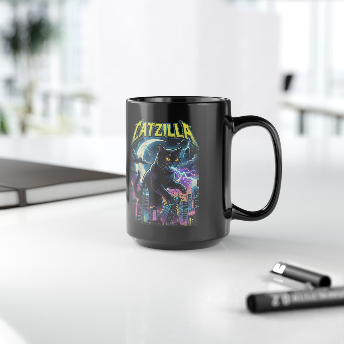 Cat Attack Black Mug — Funny Graphic Cat Mug