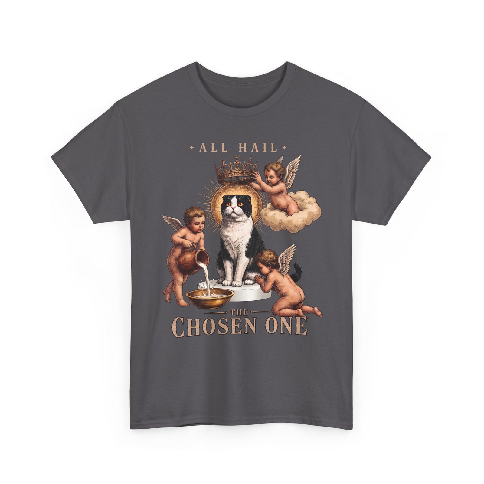 All Hail The Chosen One T-Shirt — Funny Tuxedo Cat Cherub Art Tee