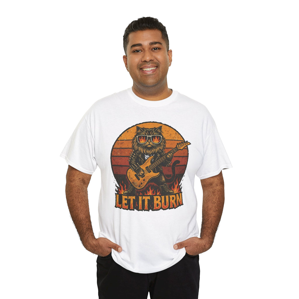 Let It Burn Rocker Cat T-Shirt — Heavy Metal Guitar Feline Graphic