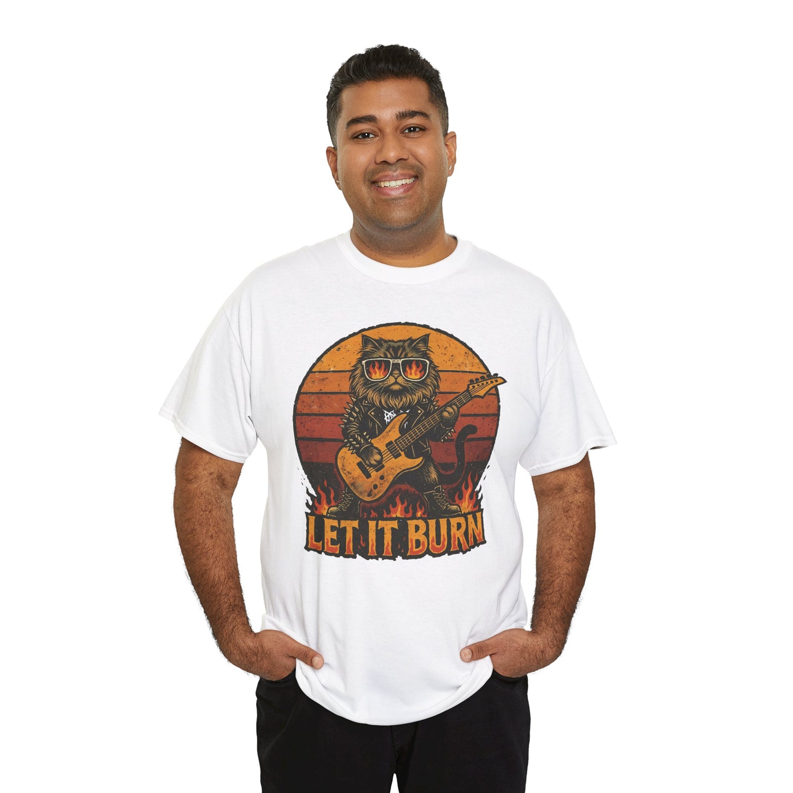 Let It Burn Rocker Cat T-Shirt — Heavy Metal Guitar Feline Graphic