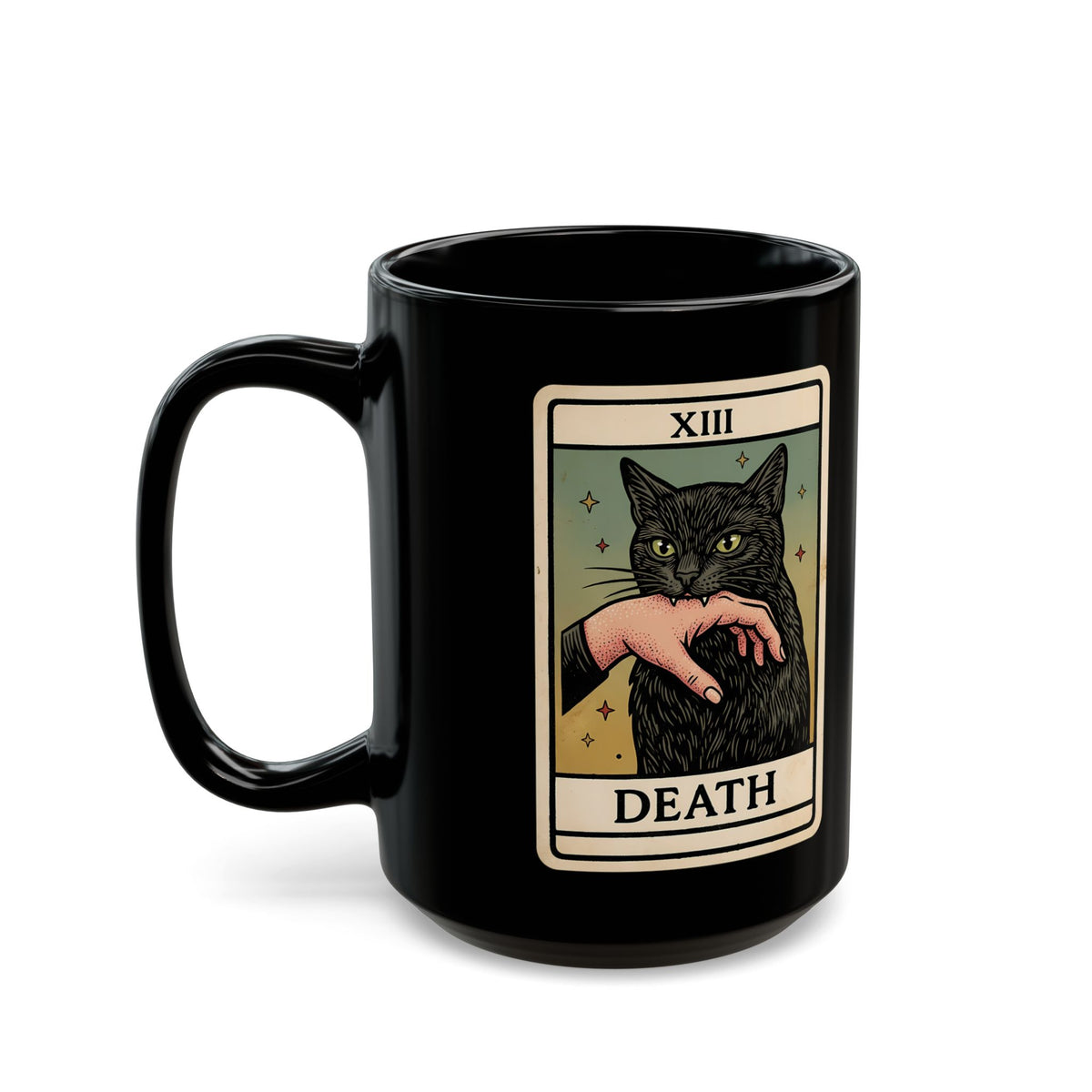 "Death" Tarot Card Black Cat Biting Hand Funny Black Mug