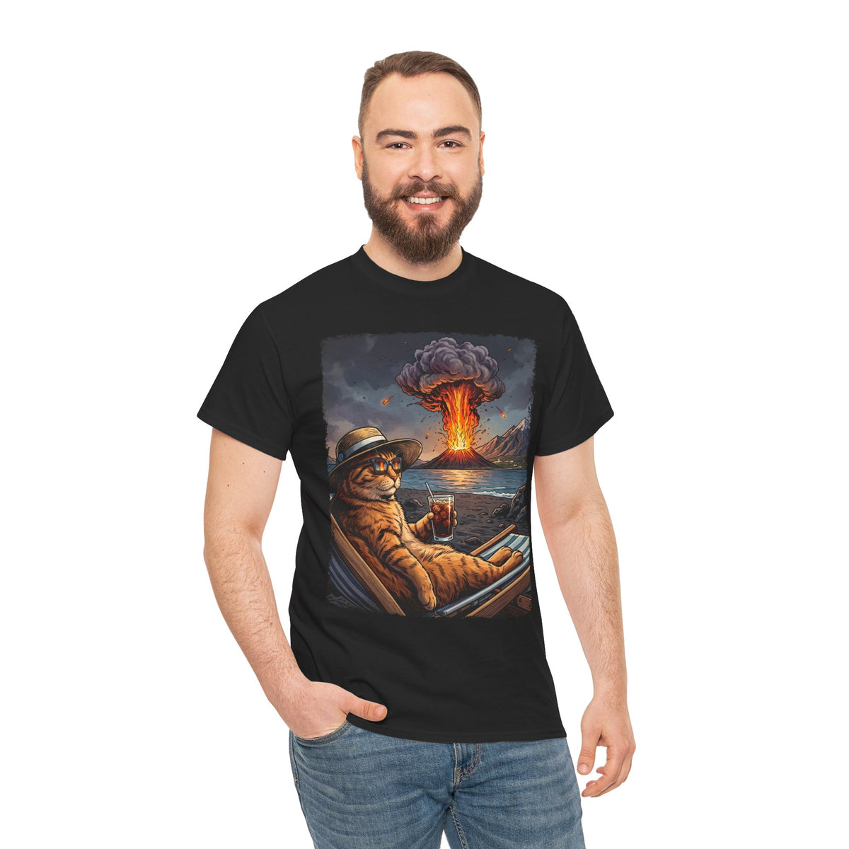 Unbothered Orange Cat Volcano T-Shirt — Funny Chaos Beach Lounging Tee