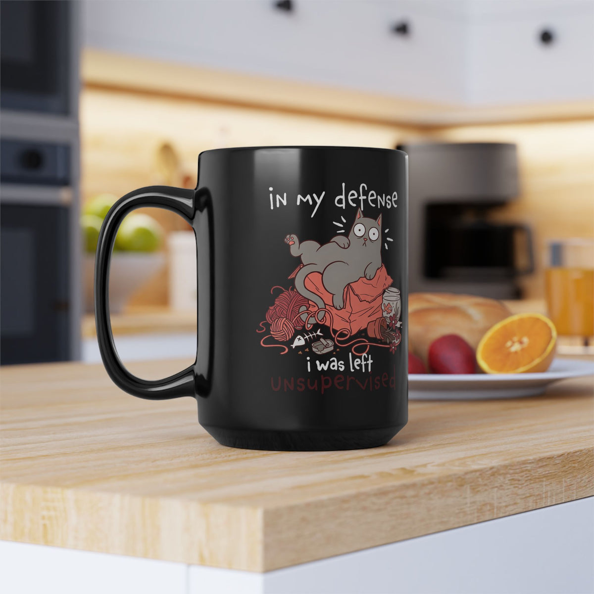 Cute Messy Cat Black Mug — "In My Defense, I Was Left Unsupervised" Cat Mug