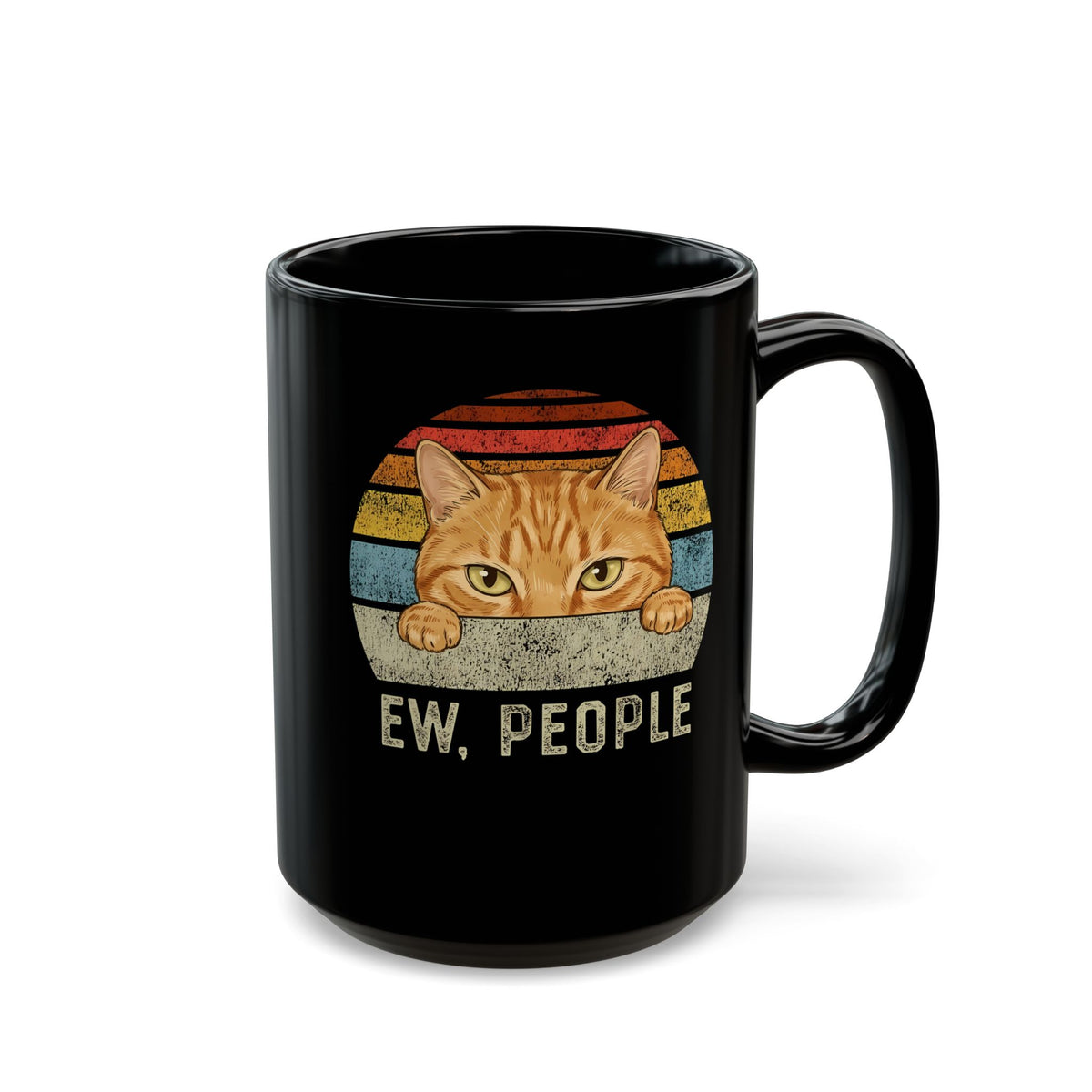 Ew People Orange Cat Black Mug — Funny Retro Sunset Introvert Graphic Mug