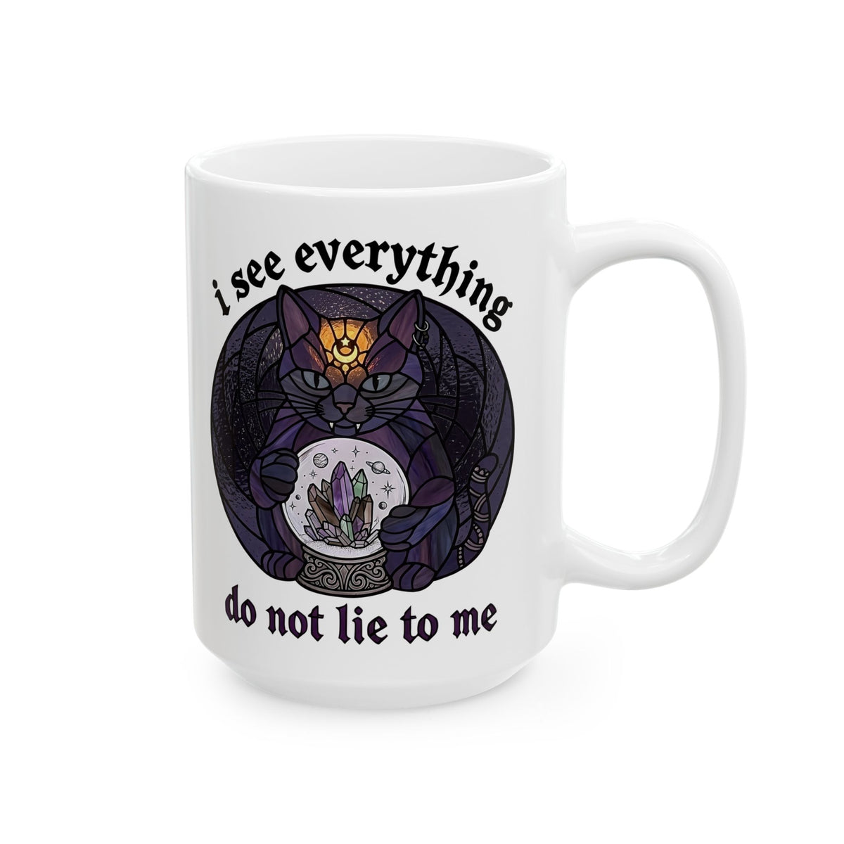 Mystic Fortune Teller Cat Ceramic Mug "I See Everything" Stained Glass Spiritual Kitten