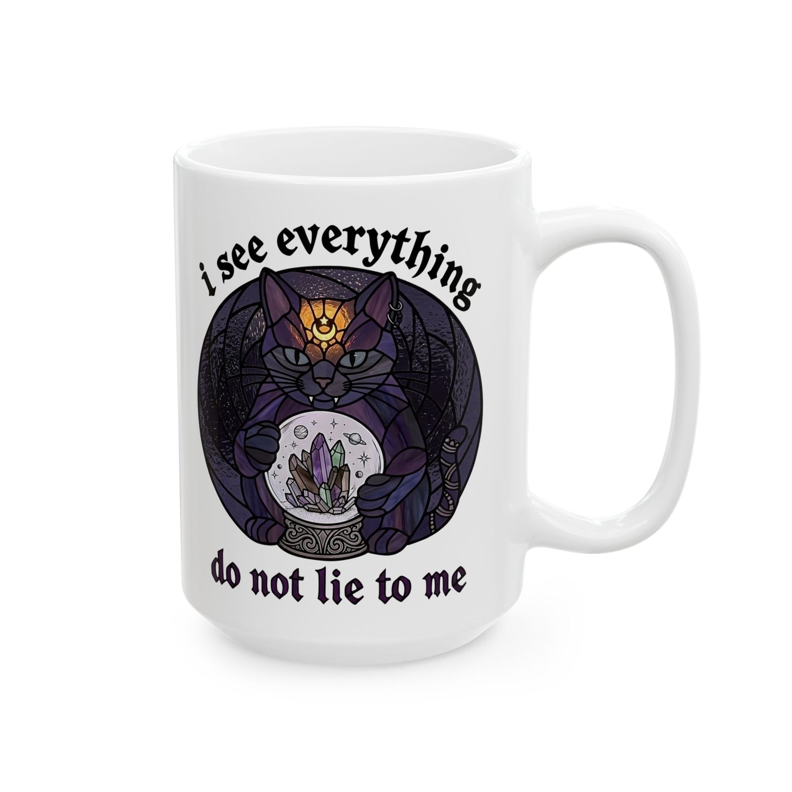 Mystic Fortune Teller Cat Ceramic Mug "I See Everything" Stained Glass Spiritual Kitten