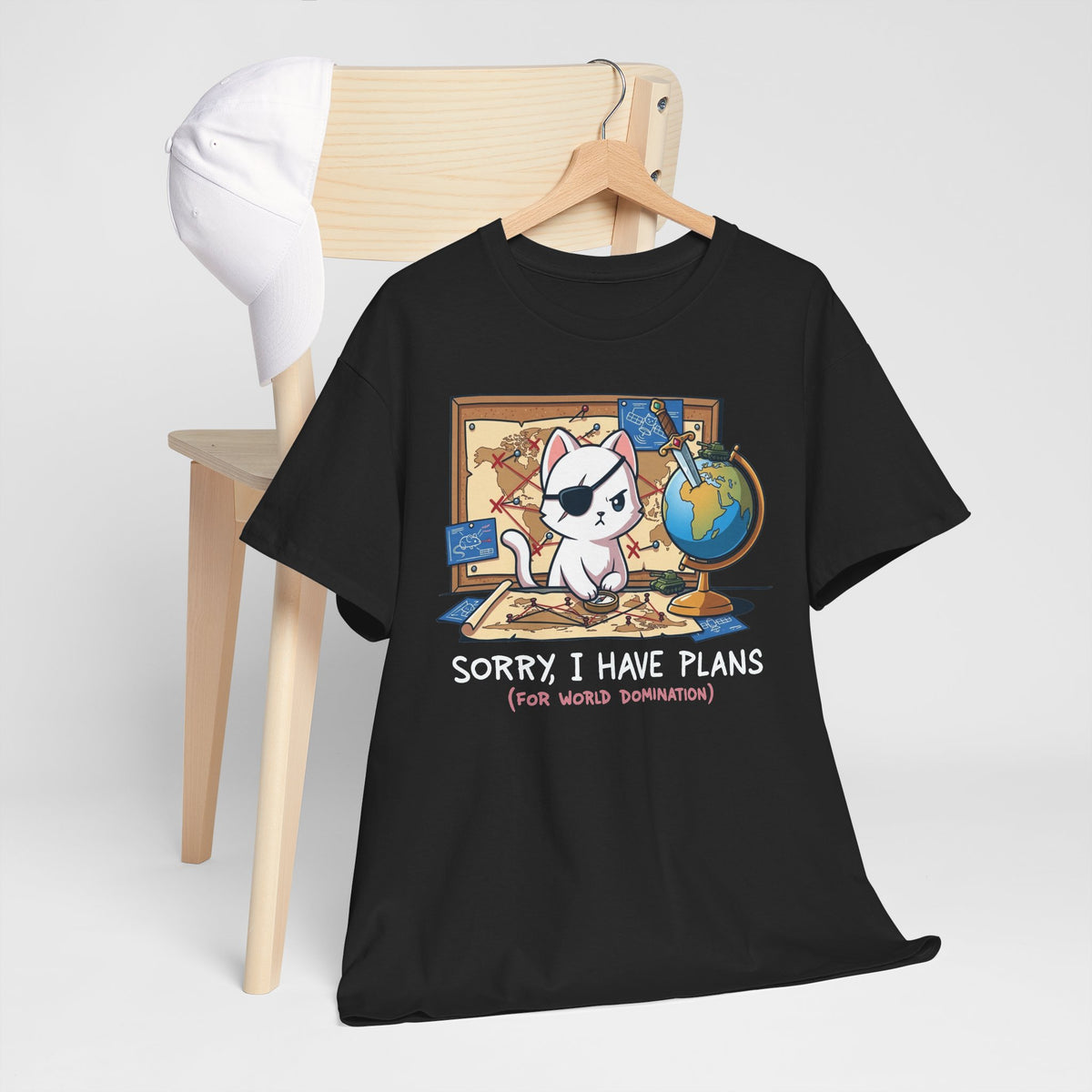 Travel Planner Cat T-Shirt — “Sorry I Have Plans (with World Domination)”