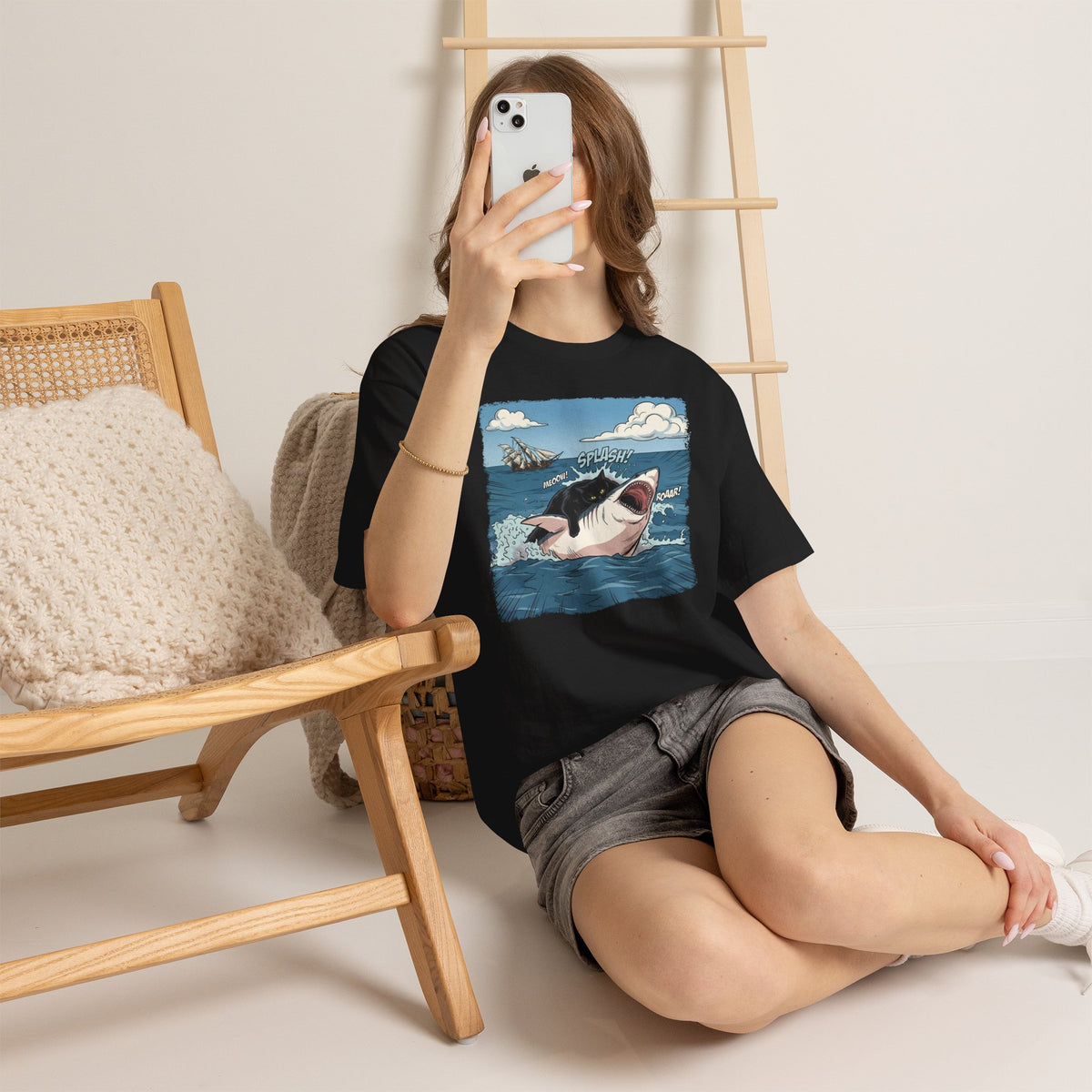Black Cat Vs White Shark T-Shirt — Funny Comic Book Ocean Battle Tee