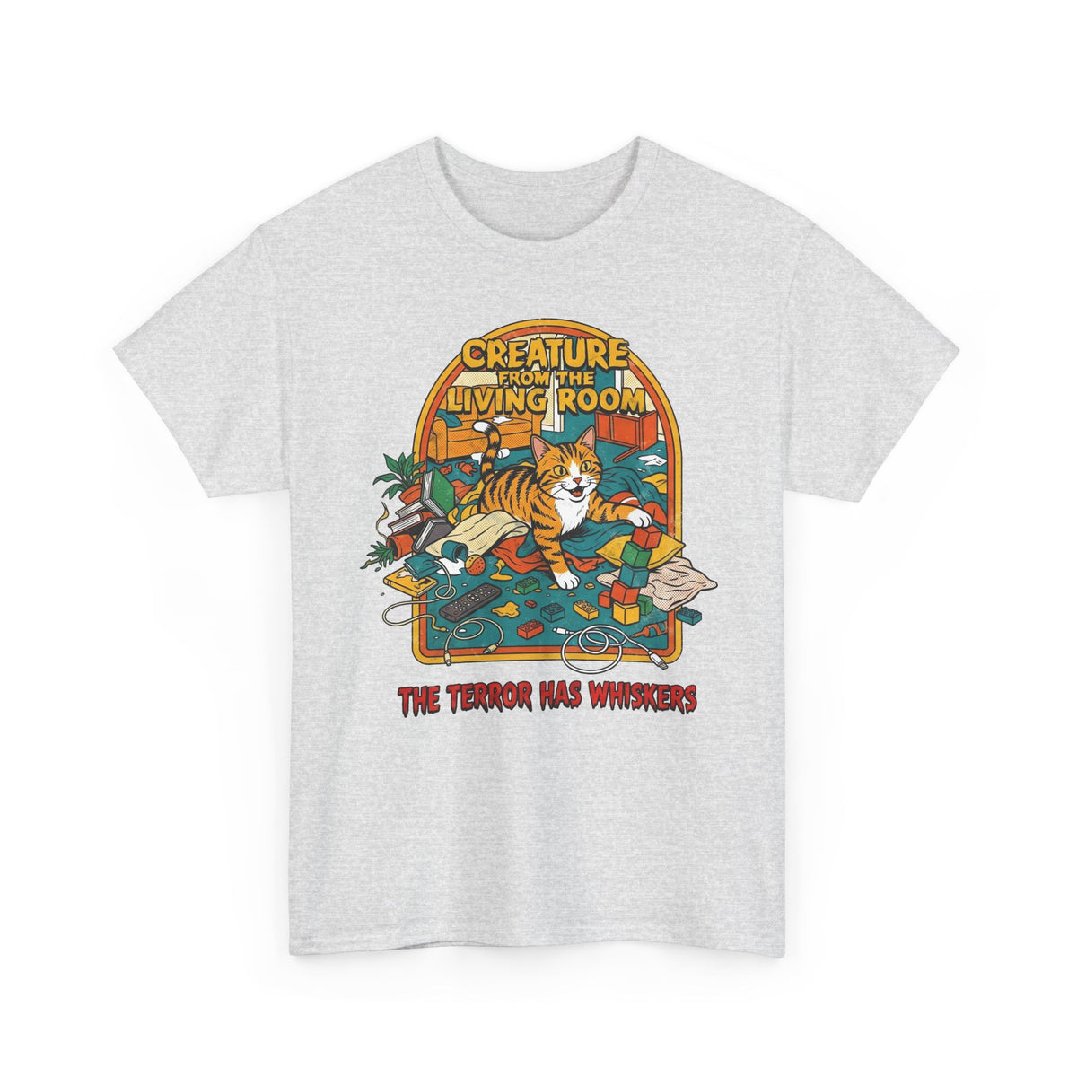 Cozy Living Room Cat Tee — Retro Sunlit Illustration Graphic Shirt