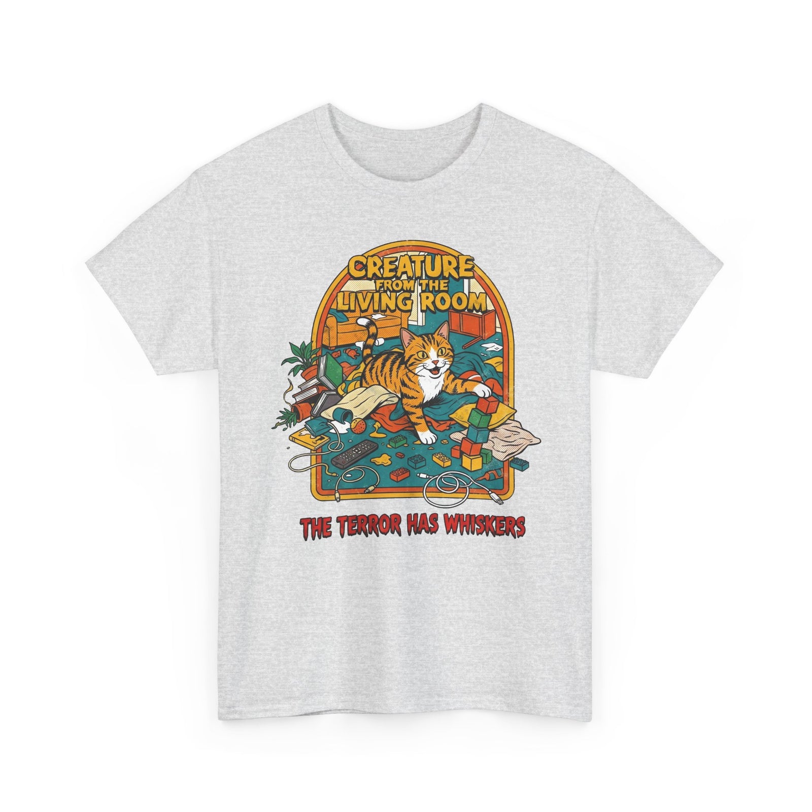 Cozy Living Room Cat Tee — Retro Sunlit Illustration Graphic Shirt