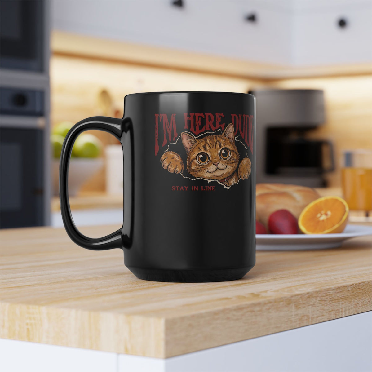 I'm Here Dude Cat Black Mug — Funny Orange Tabby Ripped Graphic Mug