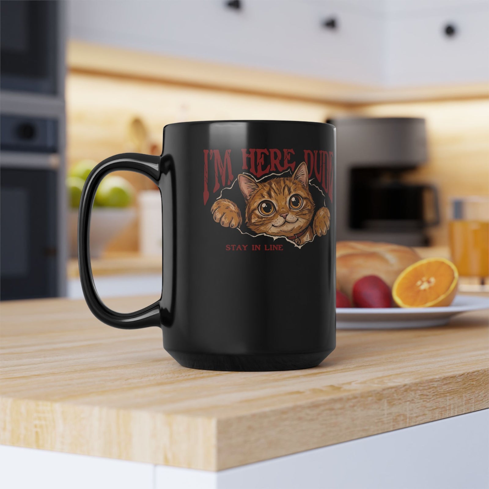 I'm Here Dude Cat Black Mug — Funny Orange Tabby Ripped Graphic Mug