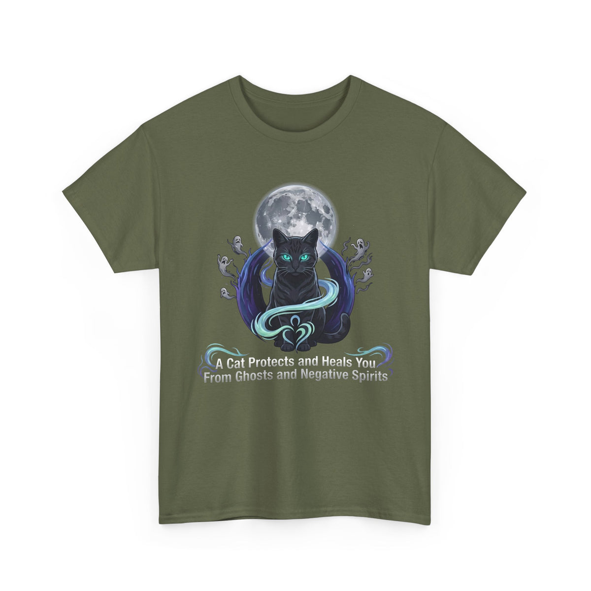 Protective Cat Tee — "A Cat Protects and Heals You From Ghosts and Negative Spirits"