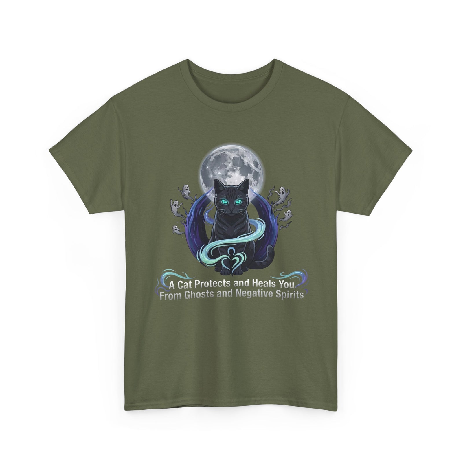 Protective Cat Tee — "A Cat Protects and Heals You From Ghosts and Negative Spirits"