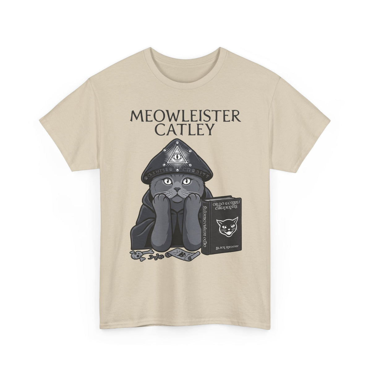 Meowleister Catley T-Shirt — Witchy Cat with Spellbook Graphic
