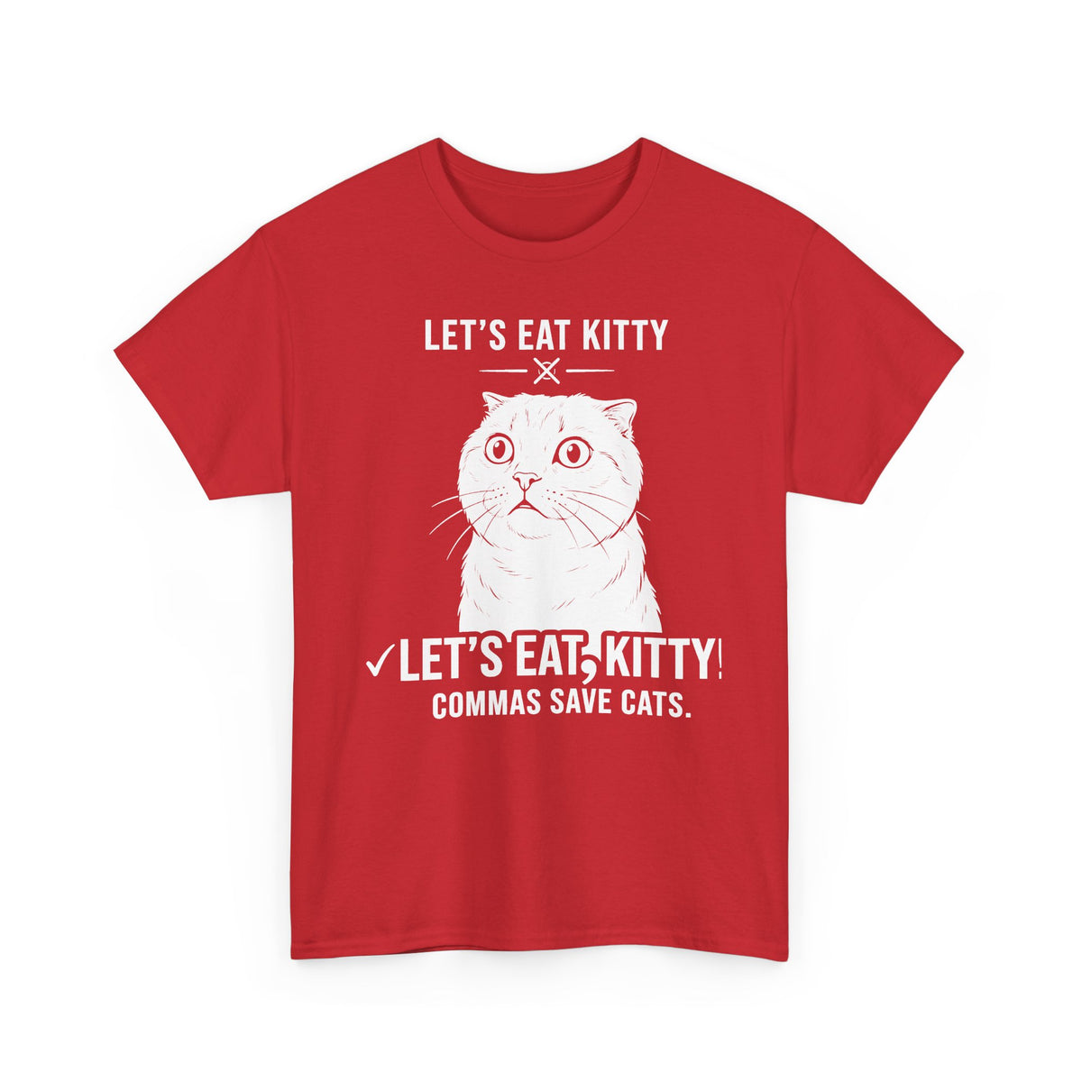 Let’s Eat, Kitty T-Shirt — Funny Grammar Cat Tee ("Commas Save Cats")