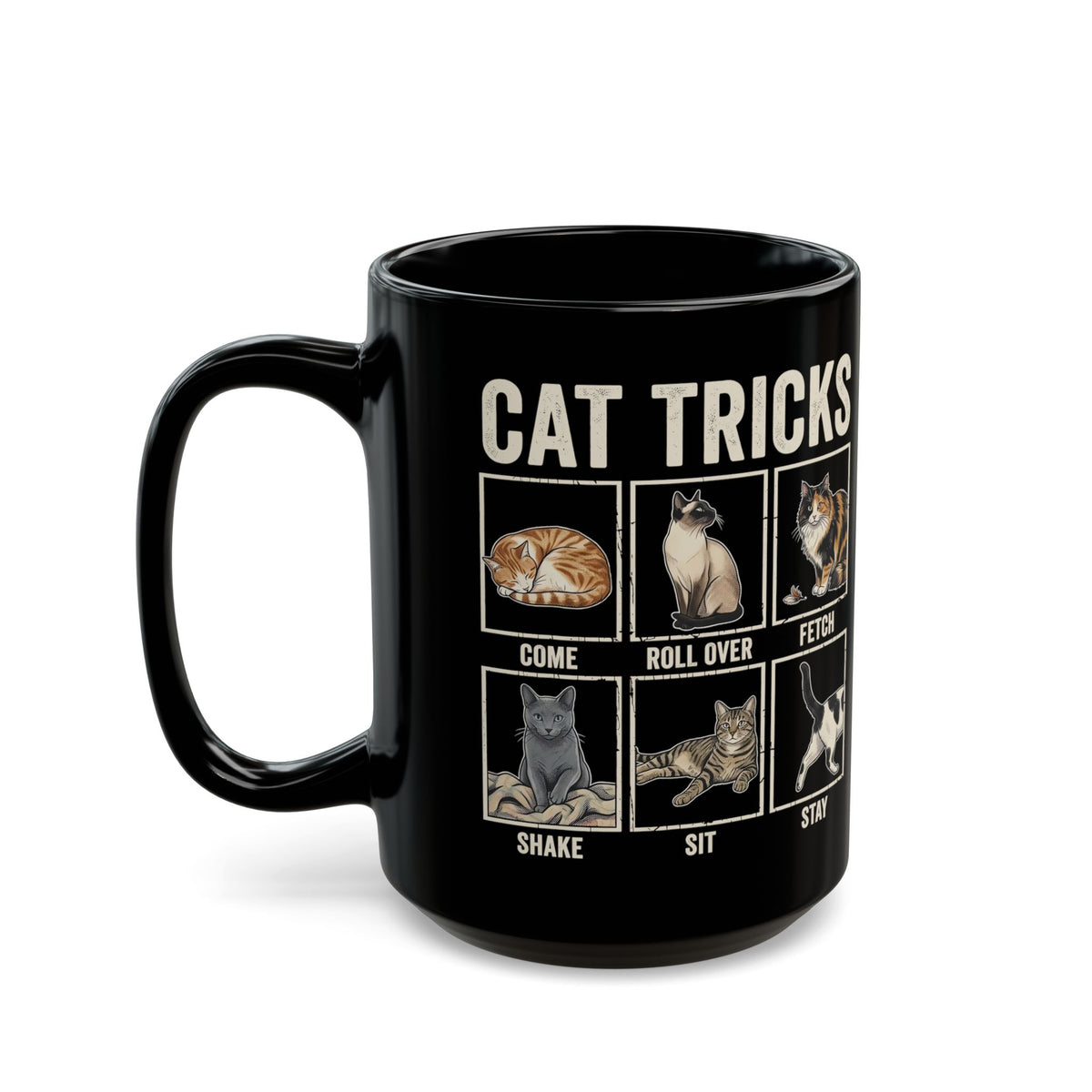 Funny Cat Tricks Black Mug — Cute Cat Humor Mug
