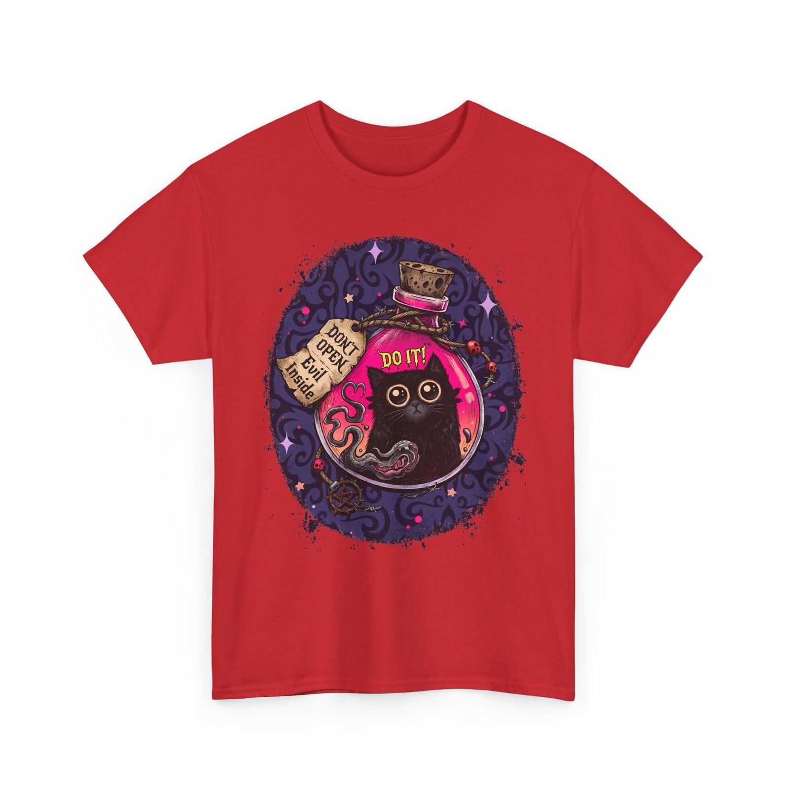Don't Open Evil Inside Potion Cat T-Shirt — Creepy Cute Black Cat Tee