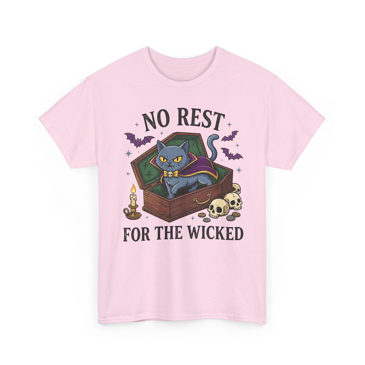 No Rest For The Wicked Cat Tee — Halloween Cat Coffin Graphic T-Shirt
