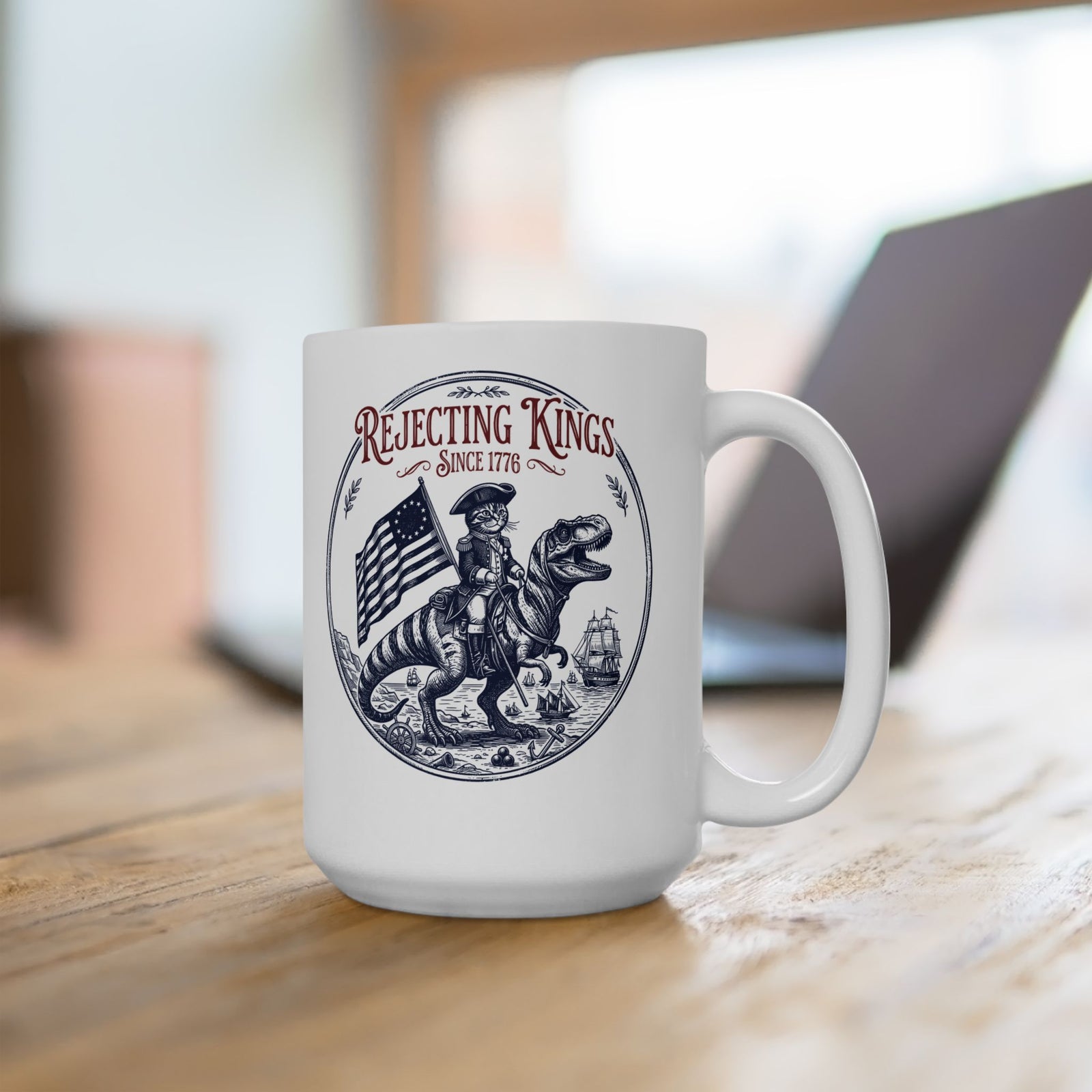 Funny Cat Ceramic Mug "Rejecting Kings, One Meow at a Time" Fourth of July Mug